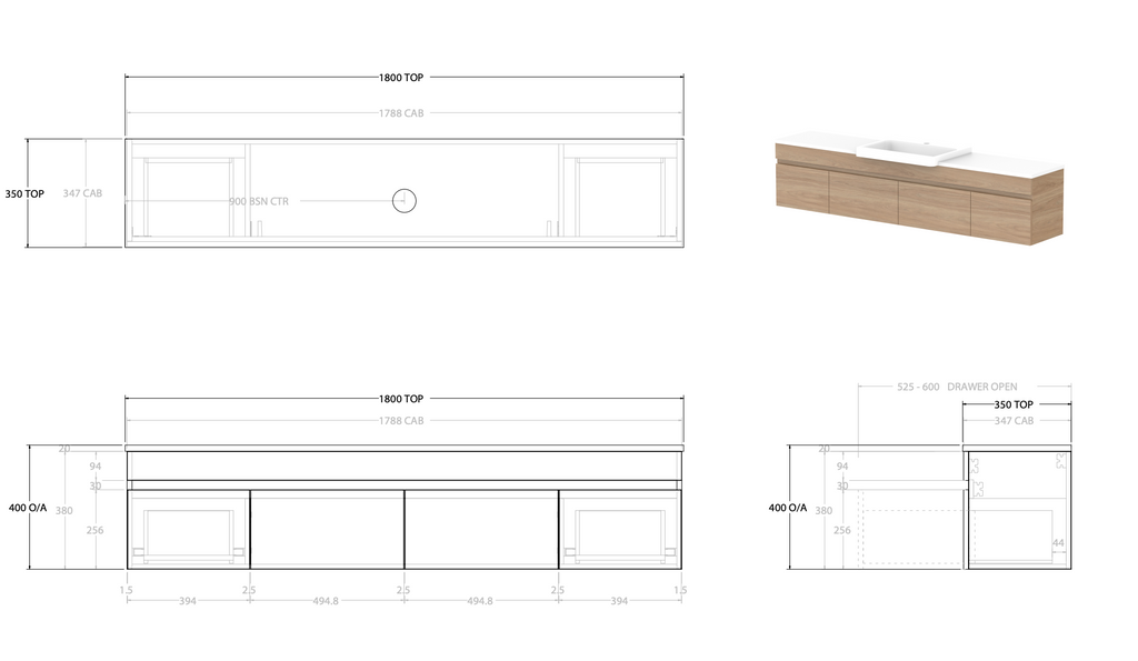 ADP Glacier Semi Recessed Door & Drawer Wall Hung Vanity Slim - Lite