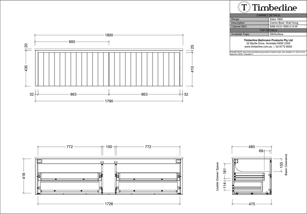 Timberline Saba Wall Hung Vanity With Under Counter Basin