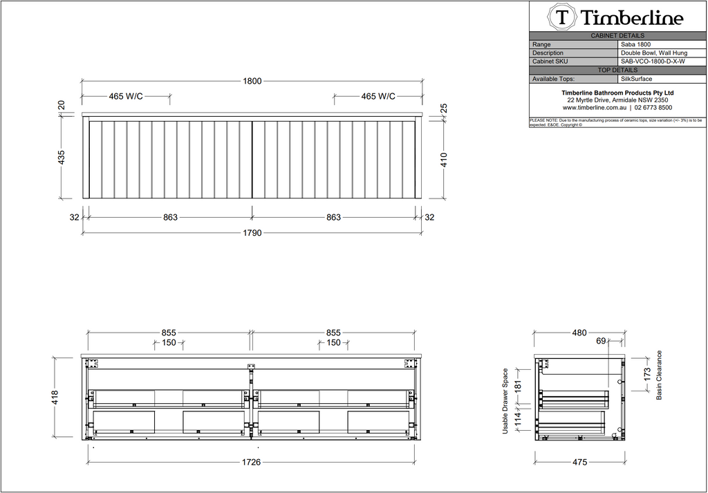 Timberline Saba Wall Hung Vanity With Above Counter Basin