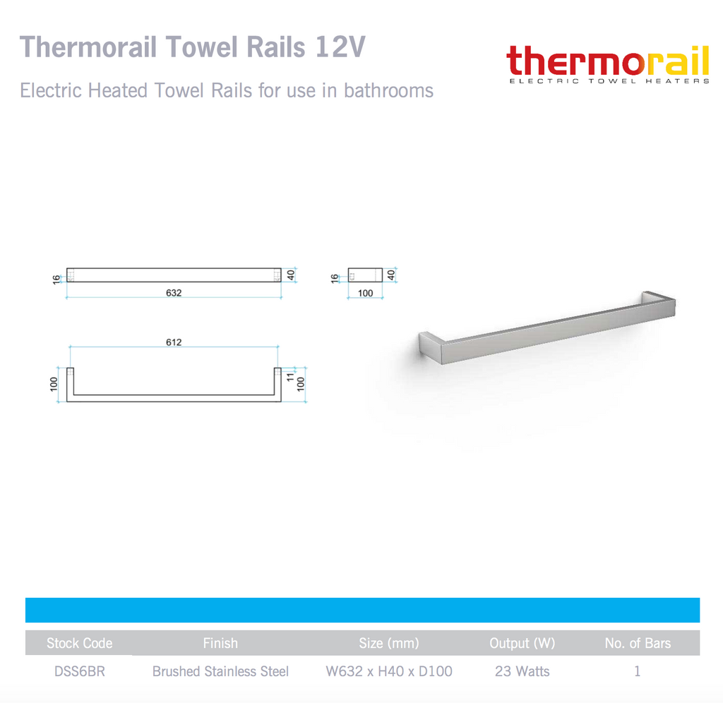 Thermogroup Square Single Bar Heated Towel Rail - Brushed stainless steel 632