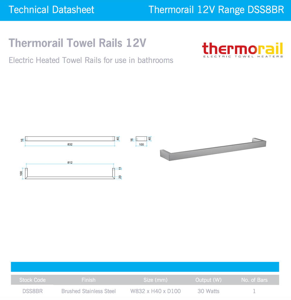 Thermogroup Square Single Bar Heated Towel Rail - Brushed Stainless 832