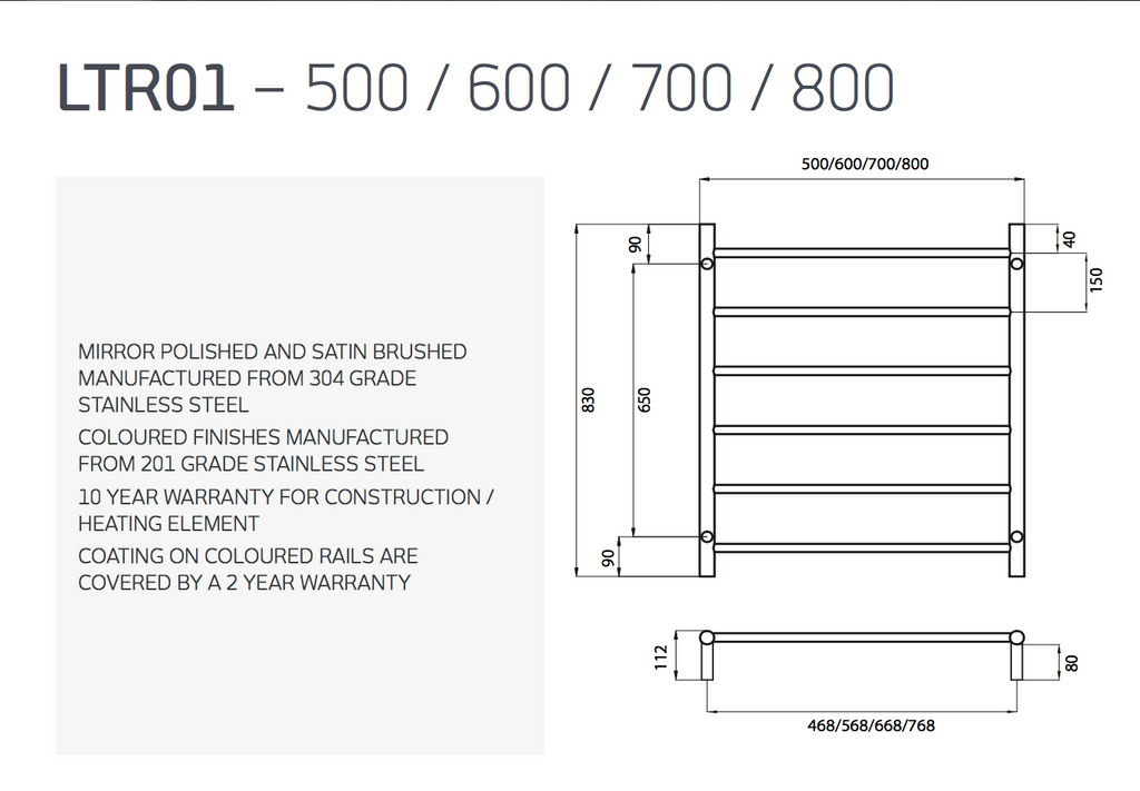 Radiant Heating Round Bars Non Heated Towel Rails Polished 500 x 830