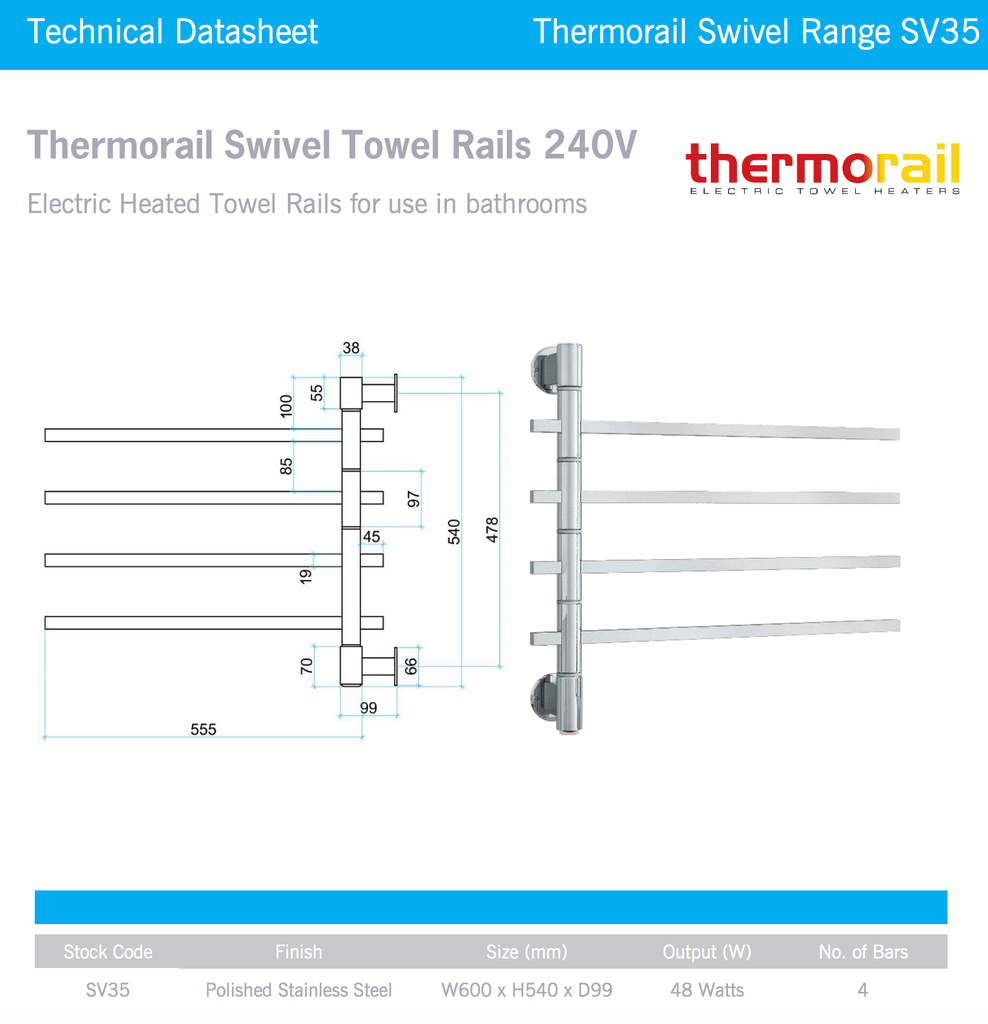 Thermogroup 4 Bar Straight Square Swivel Heated Towel Rail - Polished Stainless Steel