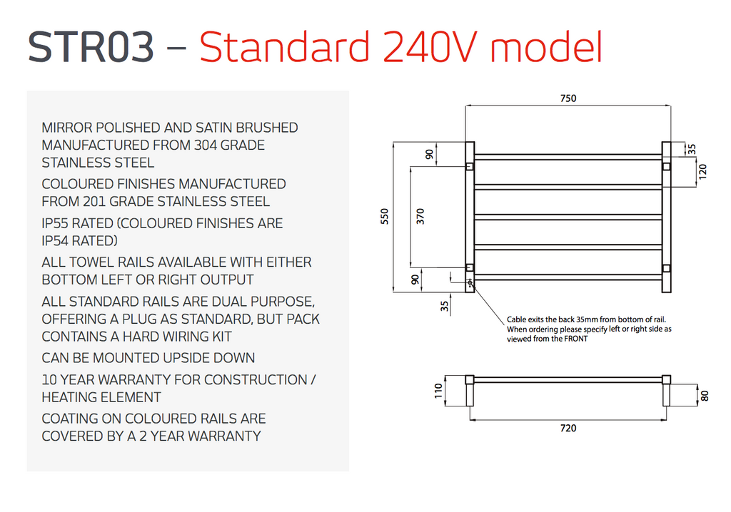 Radiant Heating Square Bars 240V Heated Towel Rails Matte Black 750 x 550