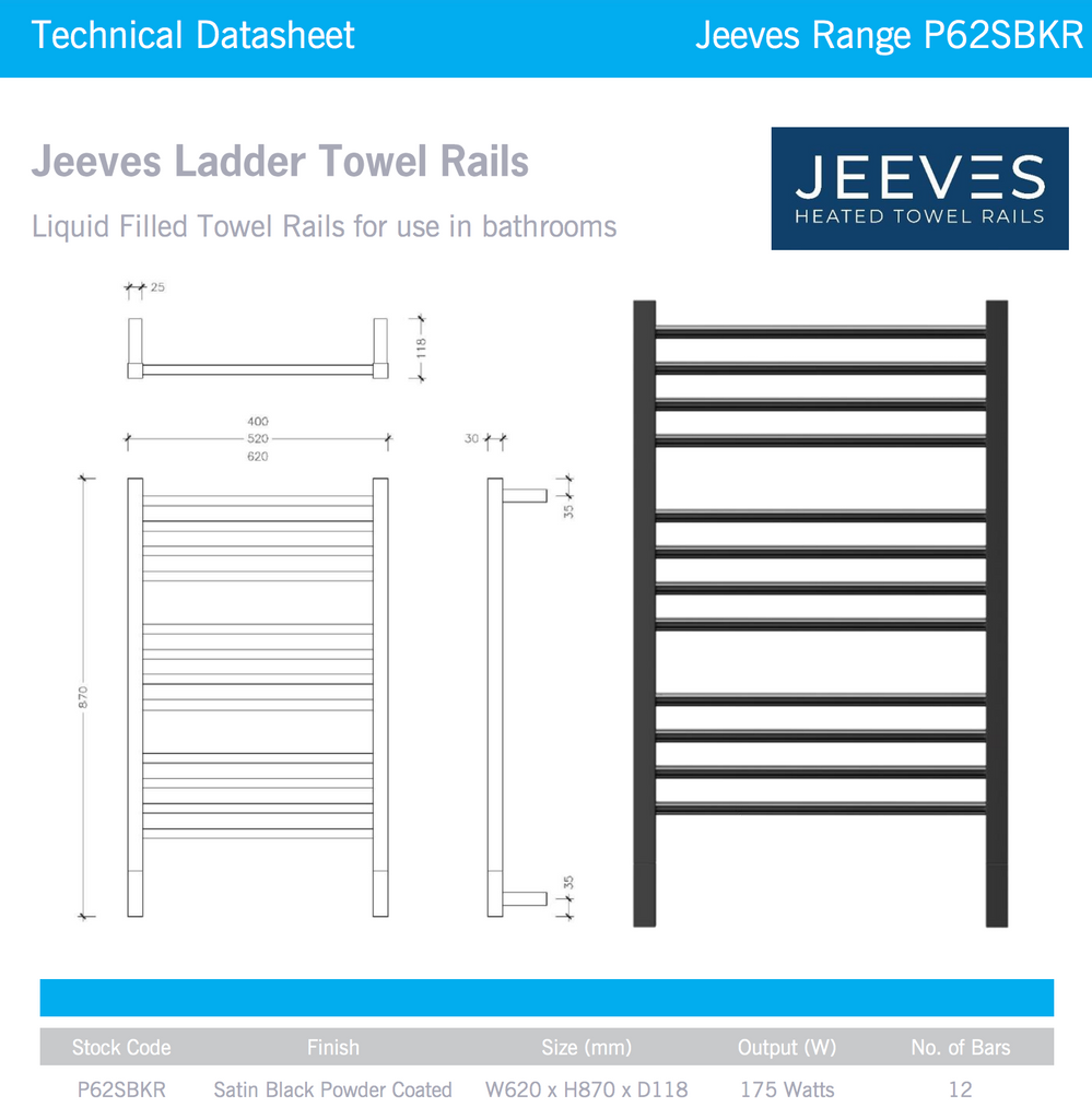 Thermogroup Jeeves Ladder Heated Towel Rail - Matte Black