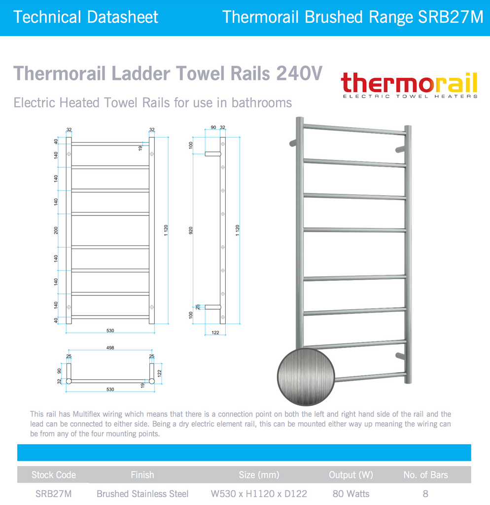 Thermogroup 8 Bar Straight Round Ladder Heated Towel Rail - Brushed Stainless