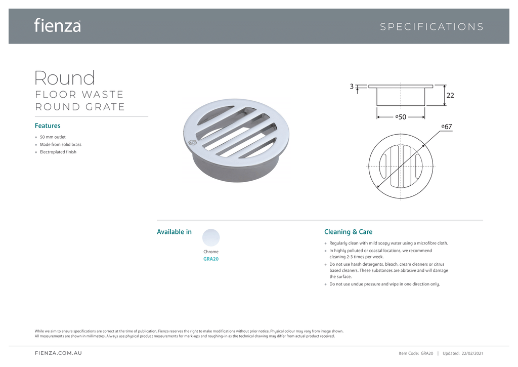 Fienza Round Floor Waste with Round Grate 50mm - Chrome - Wellsons