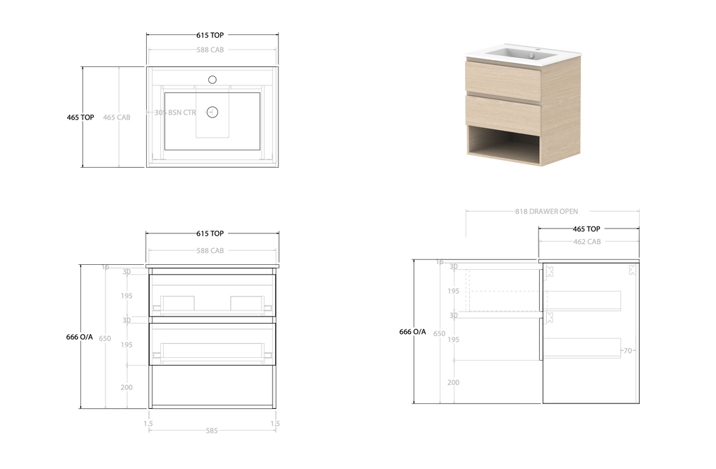 ADP Glacier Full Depth Shelf Wall Hung Vanity - Lite