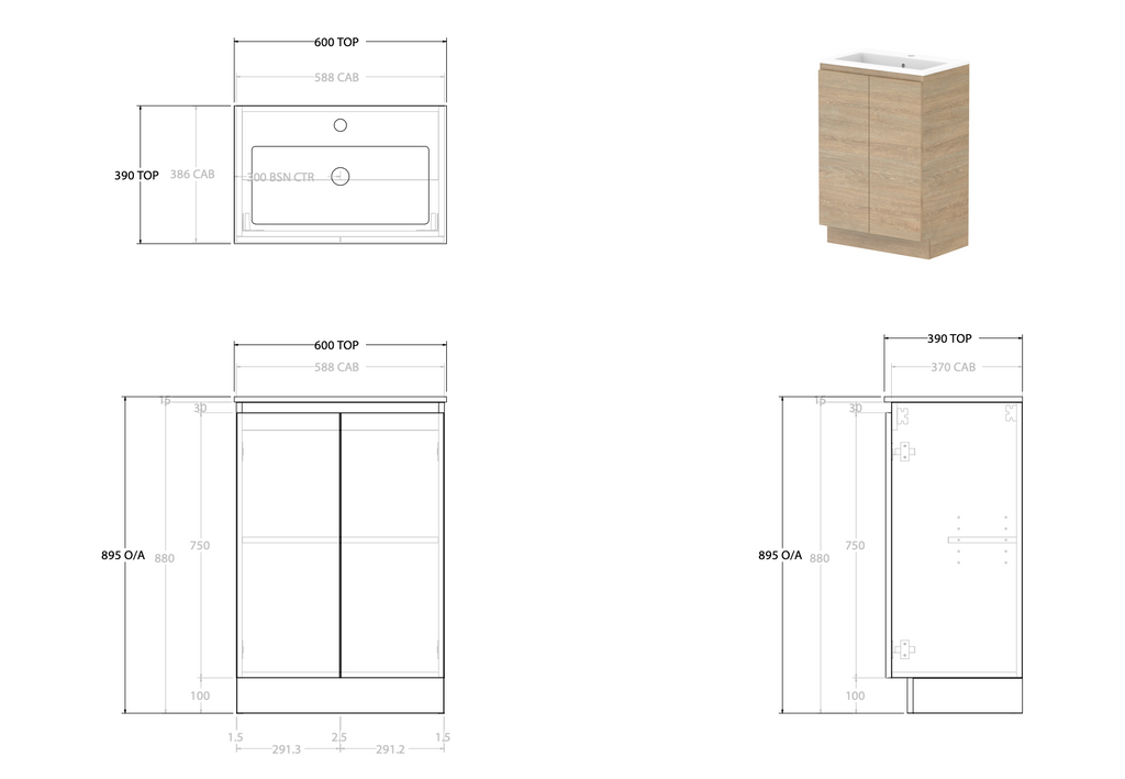 ADP Glacier Ensuite All Door Trio Floor Mounted Vanity - Lite