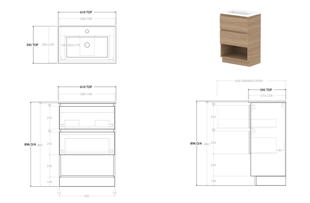 ADP Glacier Ensuite Shelf Trio Floor Mount Vanity - Lite