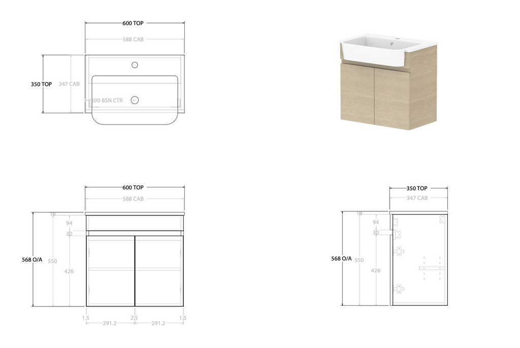 ADP Glacier Semi Recessed All Door Twin Wall Hung Vanity - Lite