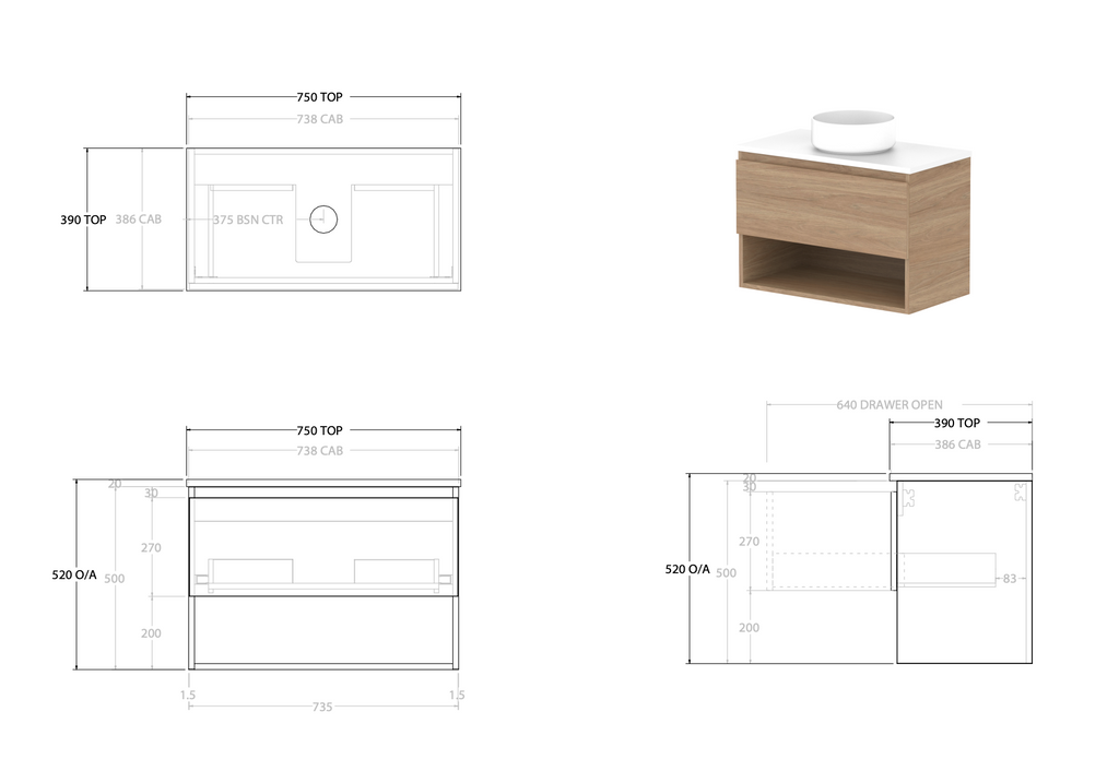 ADP Glacier Ensuite Shelf Slim Wall Hung Vanity - Lite