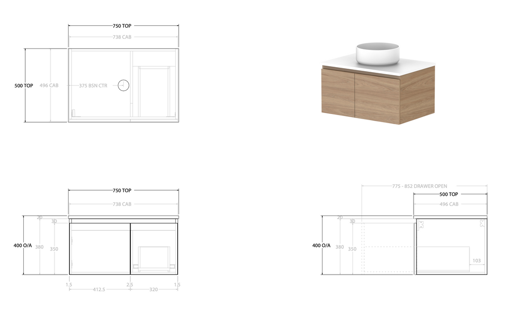 ADP Glacier Door and Drawer Slim Vanity with Solid Surface Top - Lite