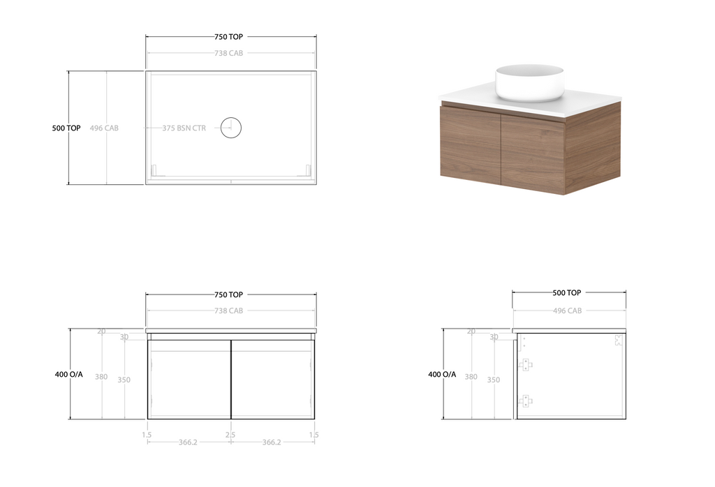 ADP Glacier Full Depth All Door Slim Wall Hung Vanity - Pro