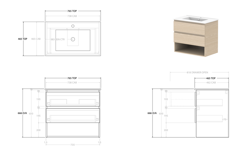 ADP Glacier Full Depth Shelf Wall Hung Vanity - Lite