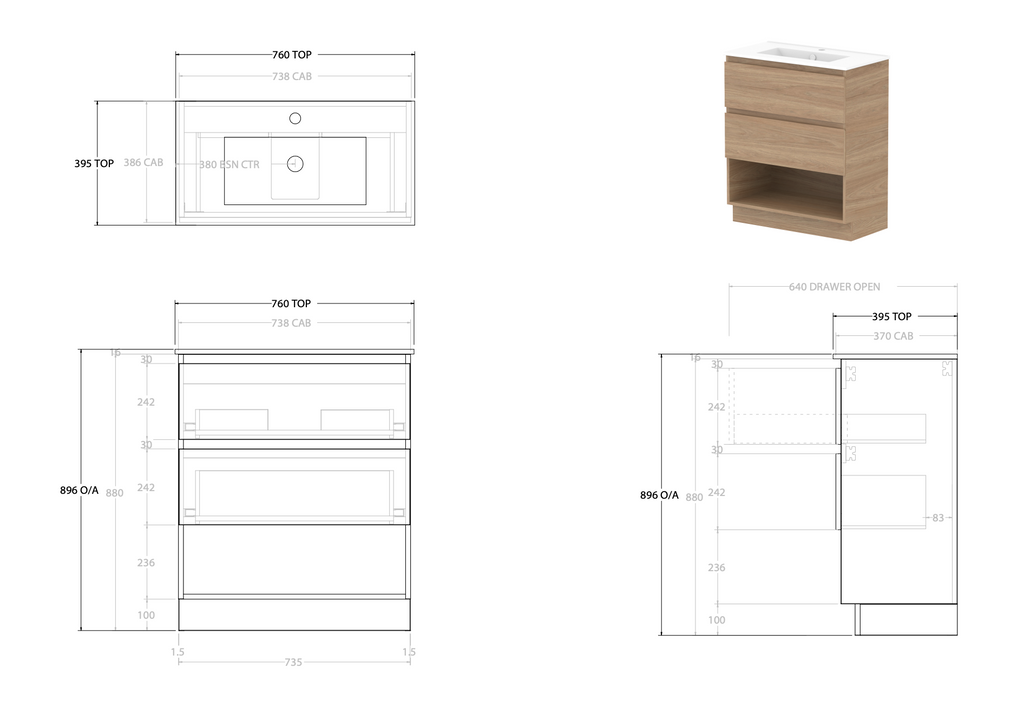 ADP Glacier Ensuite Shelf Trio Floor Mount Vanity - Lite