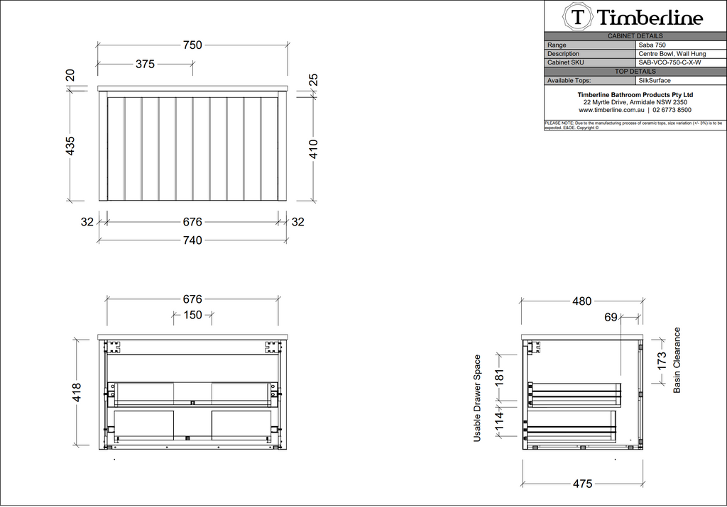Timberline Saba Wall Hung Vanity With Above Counter Basin