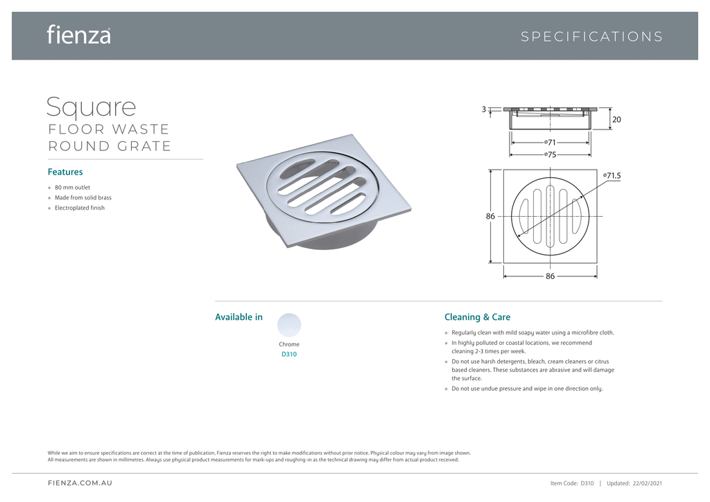Fienza Square Floor Waste with Round Grate 80mm - Chrome - Wellsons