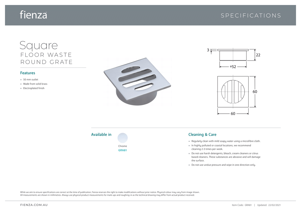 Fienza Square Floor Waste with Round Grate 50mm - Chrome - Wellsons