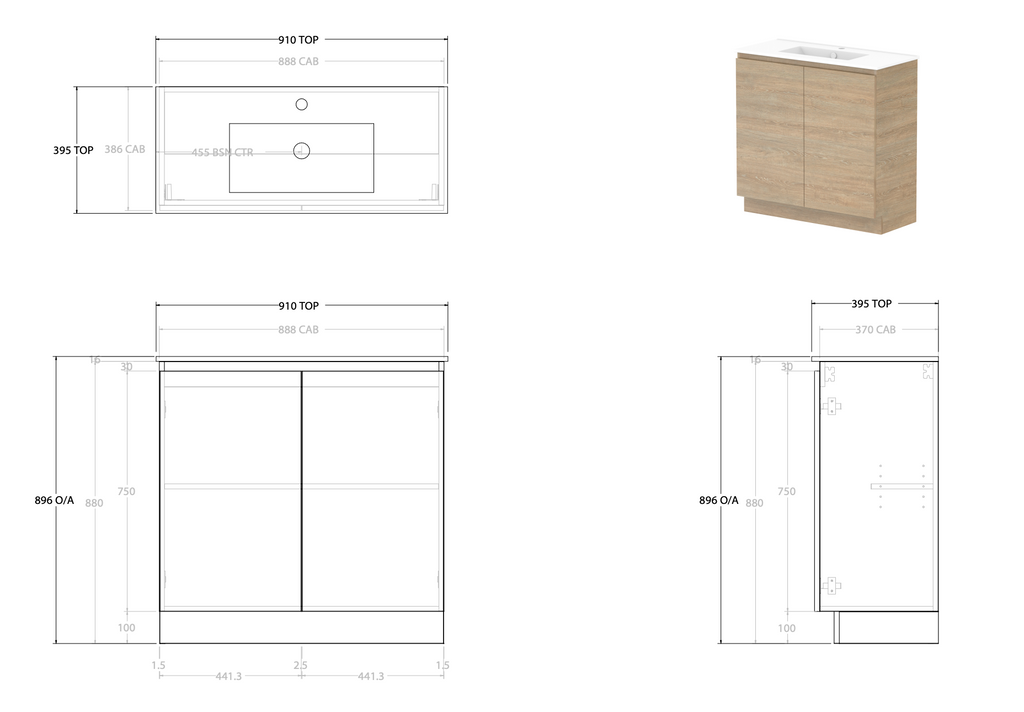 ADP Glacier Ensuite All Door Trio Floor Mounted Vanity - Lite