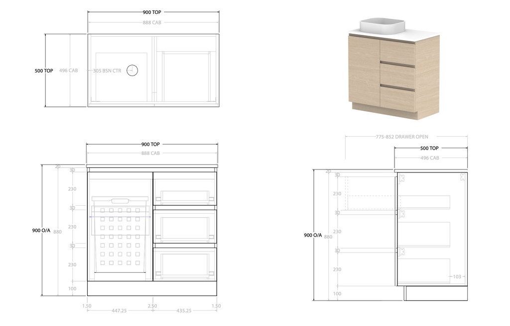 ADP Glacier Hamper Trio With Solid Surface Top - Lite