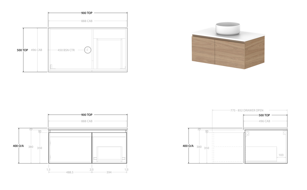 ADP Glacier Door and Drawer Slim Vanity with Solid Surface Top - Pro