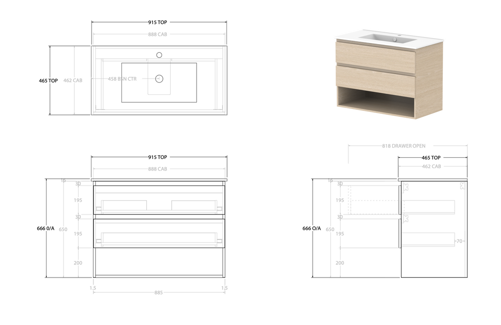 ADP Glacier Full Depth Shelf Wall Hung Vanity - Lite