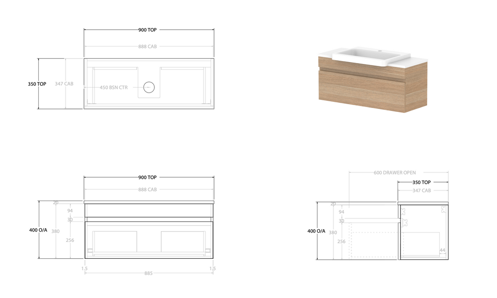 ADP Glacier Semi Recessed All Drawer Wall Hung Vanity Slim - Pro