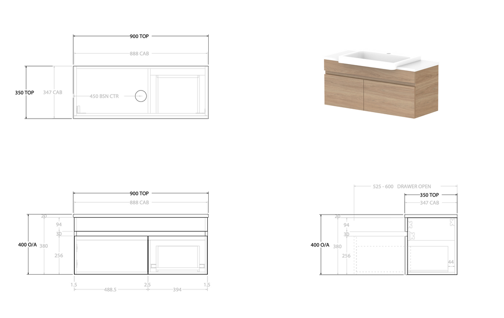 ADP Glacier Semi Recessed Door & Drawer Wall Hung Vanity Slim - Pro