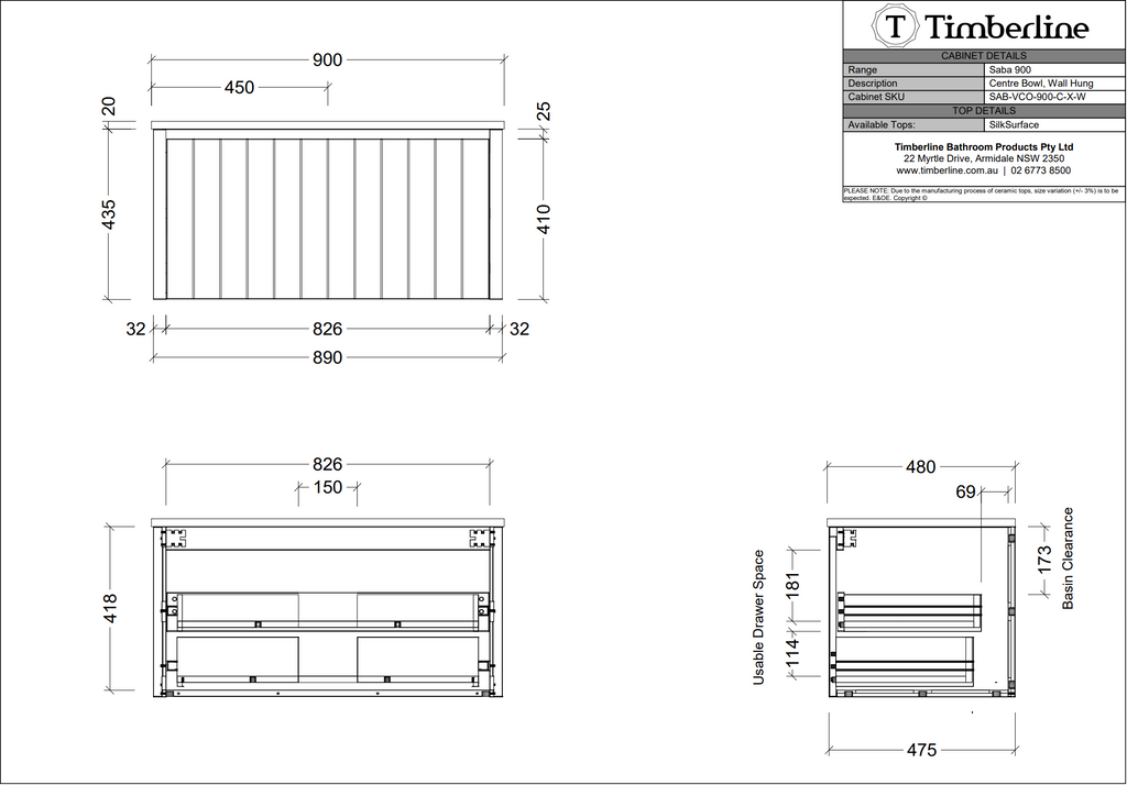 Timberline Saba Wall Hung Vanity With Above Counter Basin