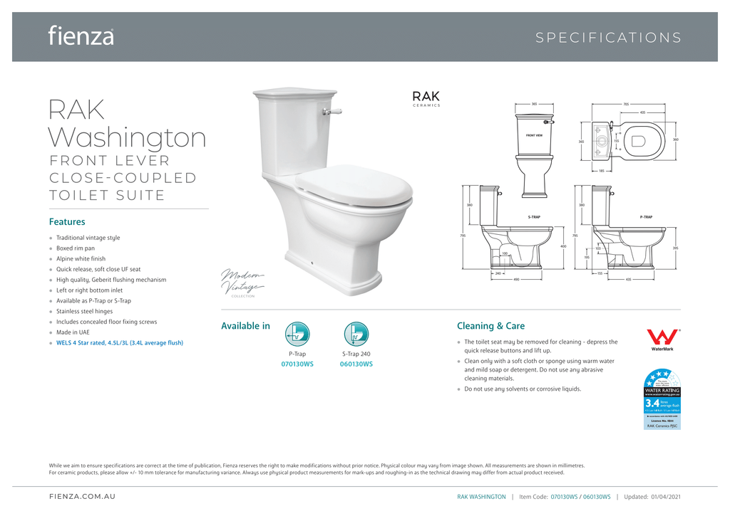 Fienza Rak Washington Front Lever Close-Coupled Suite P-Trap - Wellsons