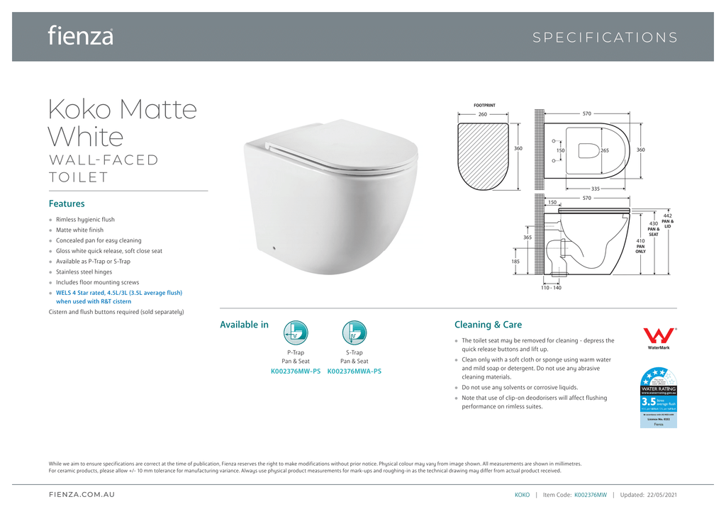 Fienza Koko Wall-Faced Suite - Matte White - Wellsons