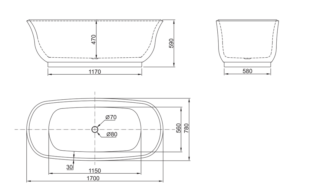 Belbagno Baden Acrylic Freestanding Bath 1700mm - Gloss White - Wellsons