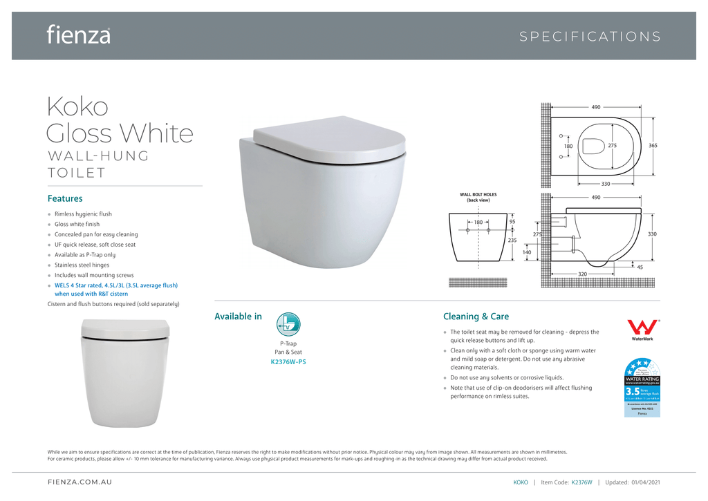 Fienza Koko Wall-Hung Suite - Gloss White - Wellsons