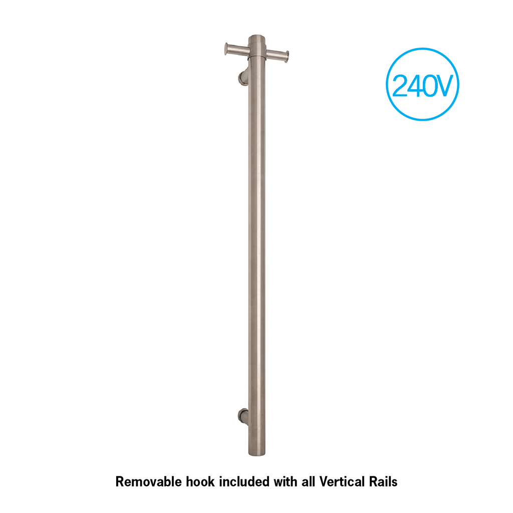 Thermogroup 240V Straight Round Vertical Single Bar Heated Towel Rail - Brushed Stainless