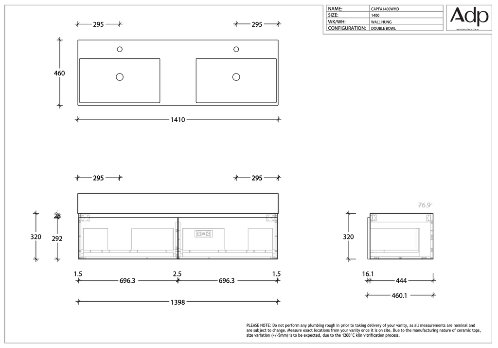 ADP Capri Wall Hung Vanity - Wellsons