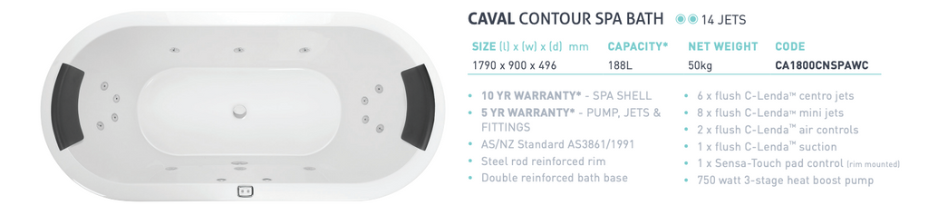 Decina Caval Contour Spa 14 Jet Inset Bath 1800mm - Gloss White