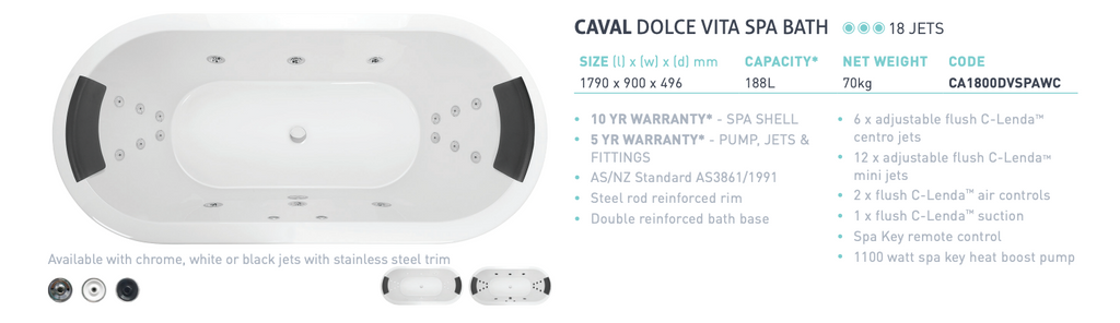 Decina Caval Dolce Vita Spa 18 Jet Inset Bath 1800mm - Gloss White