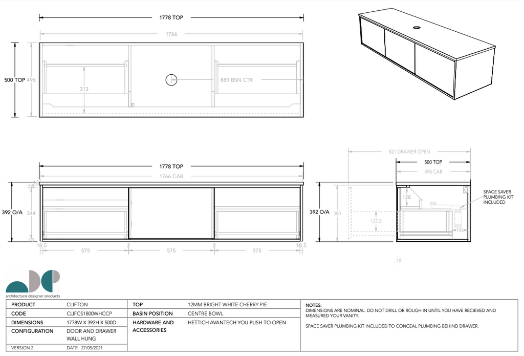 ADP Clifton Wall Hung Vanity with Caesarstone