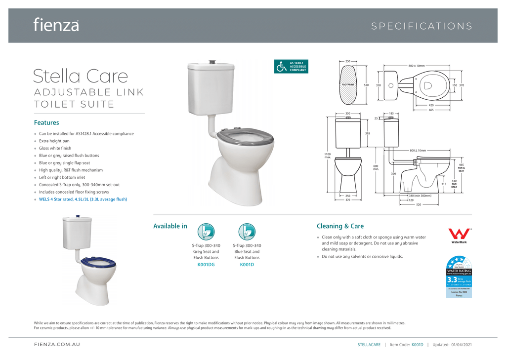 Fienza Stella Care Blue Adjustable Link Suite - Wellsons