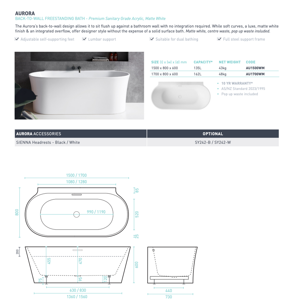 Decina Aurora back to Wall Freestanding Bath - Matte White
