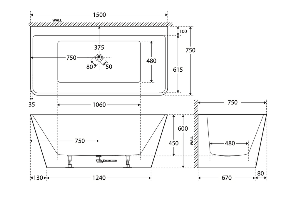 Fienza Delta Back to Wall Acrylic Bath with Overflow 1500mm - Gloss White