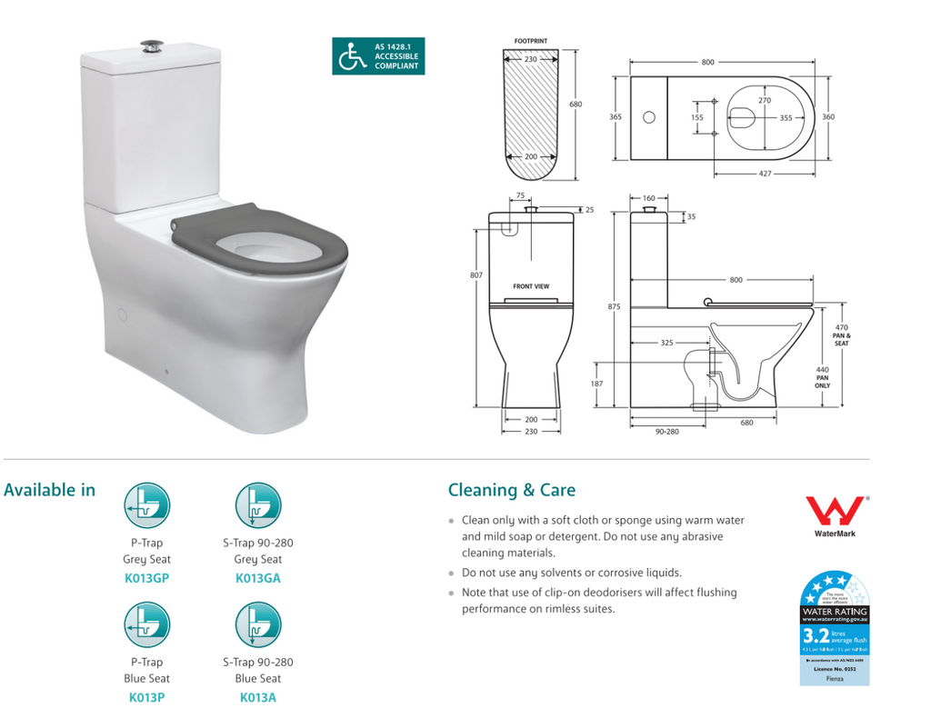 Fienza Delta Care Back-to-Wall Toilet Suite White Seat - Slim Buttons