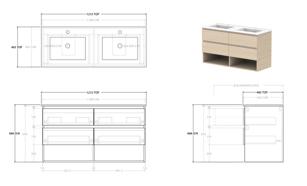 ADP Glacier Full Depth Shelf Wall Hung Vanity - Lite