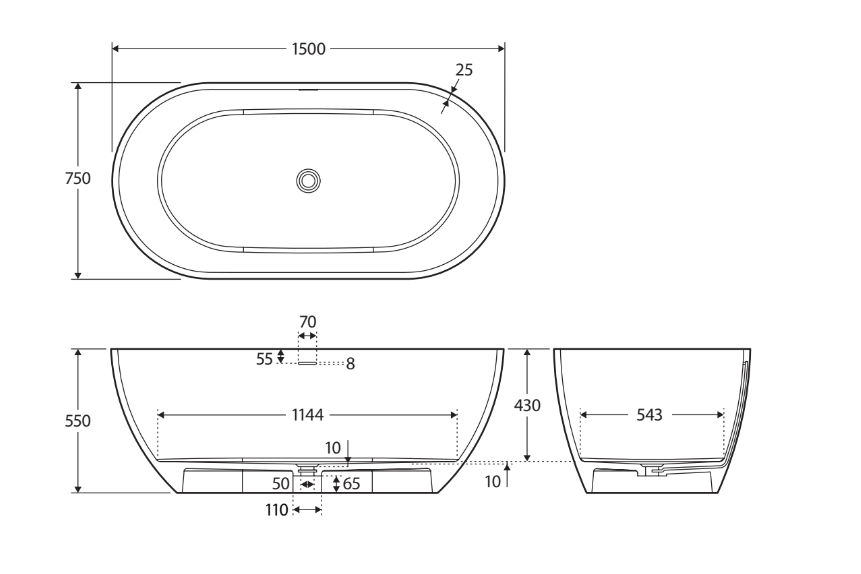 Fienza Luciana Freestanding Stone Bath 1500mm - Matte Black