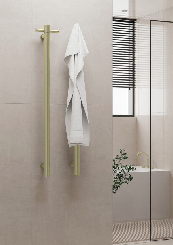 Nero Heated Vertical Towel Rail - Brushed Gold