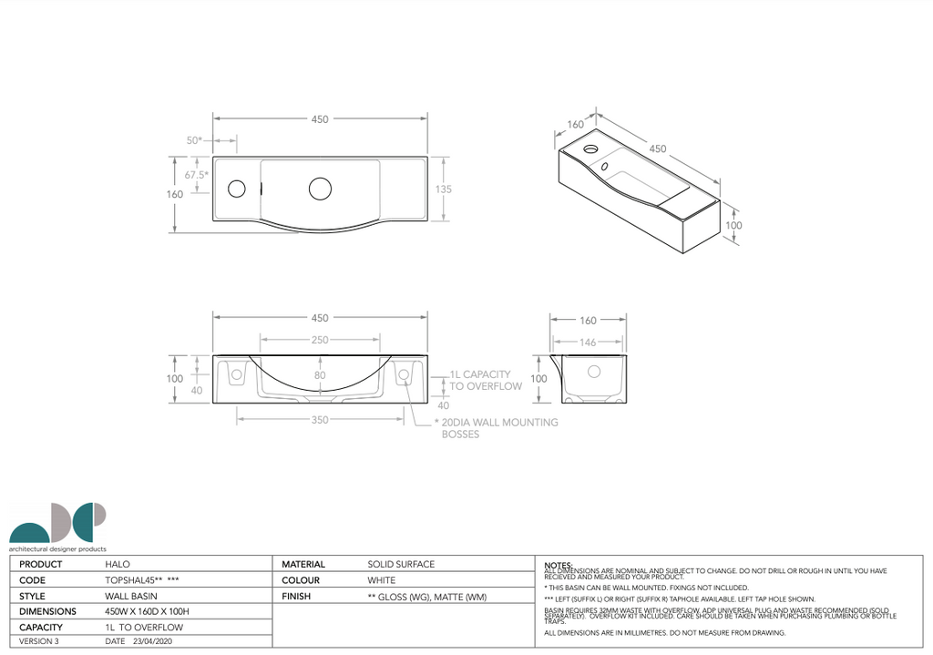 ADP Halo Wall Hung Basin Right Tap Hole - Gloss White - Wellsons