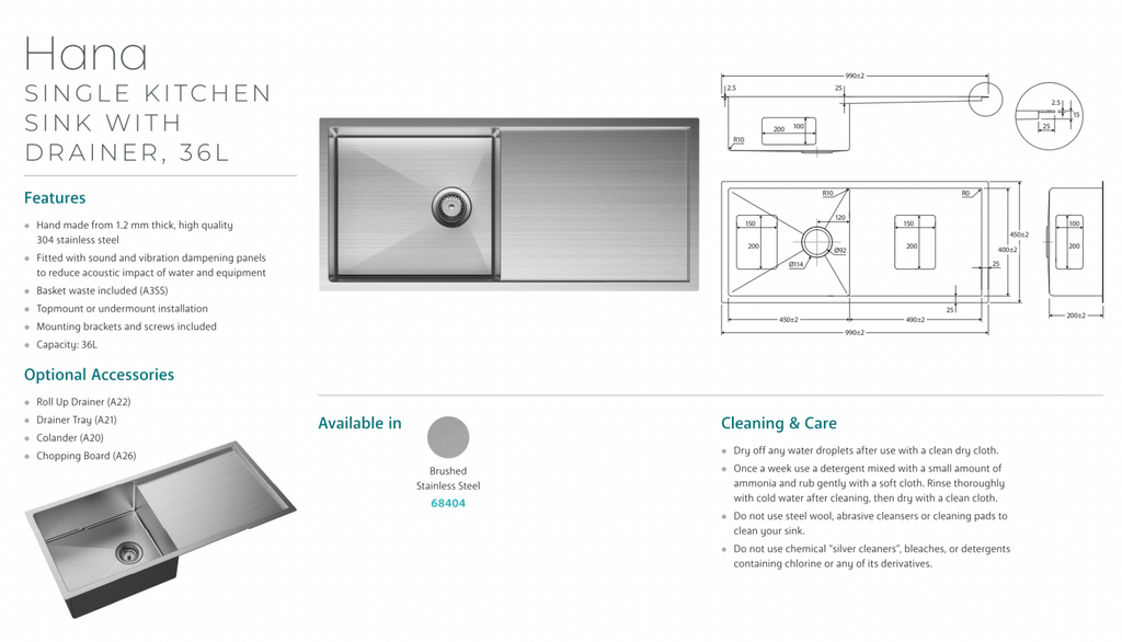 Fienza Hana 36L Single Kitchen Sink with Drainer Stainless Steel