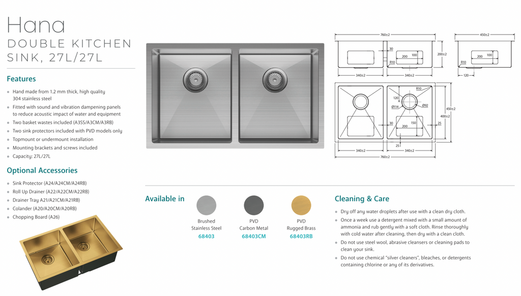 Fienza Hana 27L/27L Double Kitchen Sink, PVD Carbon Metal