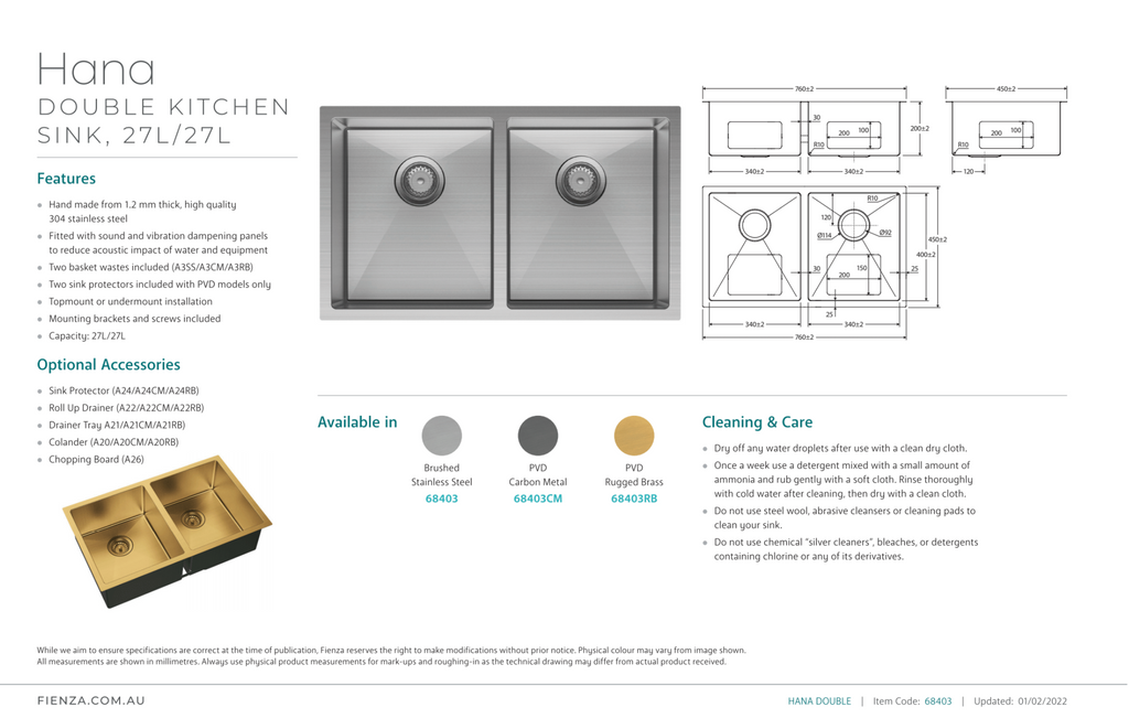 Fienza Hana 27L/27L Double Kitchen Sink, Stainless Steel